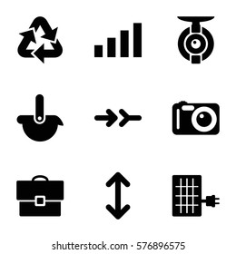 Technology icon. Set of 9 Technology filled icons such as arrow, camera, spy camera, solar panel, signal, case, robot