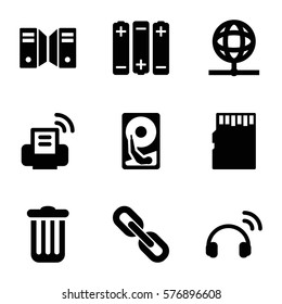 Technology icon. Set of 9 Technology filled icons such as printer, headset, memory card, globe, trash bin, chain, battery, hard disc
