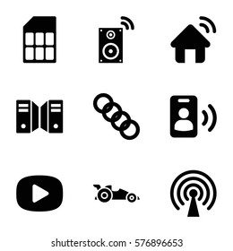 Technology icon. Set of 9 Technology filled icons such as signal, house signal, music loudspeaker, call, memory card, car, chain, play