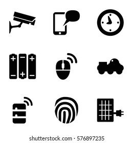 Technology icon. Set of 9 Technology filled icons such as server, computer mouse, fingerprint, message on phone, security camera, solar panel, robot, clock