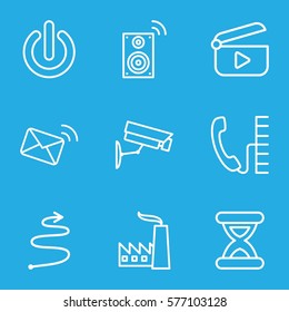 Technology icon. Set of 9 Technology outline icons such as mail, curved arrow, music loudspeaker, phone, security camera, switch off, hourglass, play