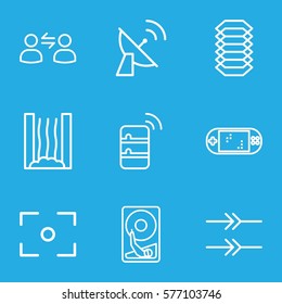 Technology icon. Set of 9 Technology outline icons such as user communicatrion, satellite, server, portable game console, heating system, center focus, hard disc