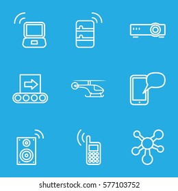 Technology icon. Set of 9 Technology outline icons such as phone, laptop signal, server, music loudspeaker, message on phone, conveyor, router, atom