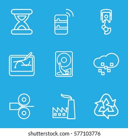 Technology icon. Set of 9 Technology outline icons such as robot arm, server, pen tool on tablet, defragmentation, hourglass, recycle, hard disc, paper press