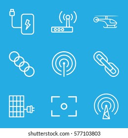 Technology icon. Set of 9 Technology outline icons such as signal, battery, solar panel, router, chain, center focus