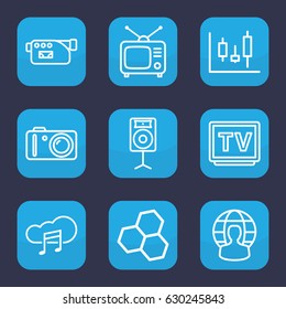 Technology icon. set of 9 outline technology icons such as tv, camera, tv, music cloud, loudspeaker, user globe, panel control