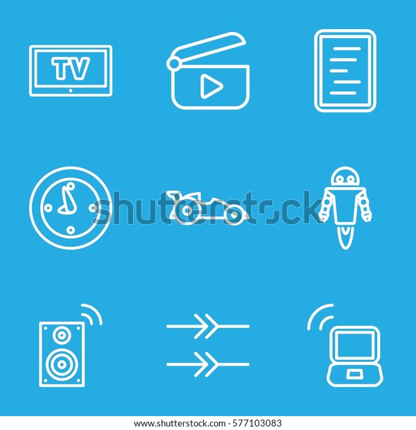 Technology icon. Set of 9 Technology outline icons\
such as laptop signal, document, music loudspeaker, TV, car, robot,\
clock, play