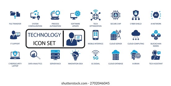 Conjunto de ícones da tecnologia. IA, computação em nuvem, segurança cibernética, rede 5G e análise de Big Data. Ícones de vetor modernos para projetos de transformação digital.