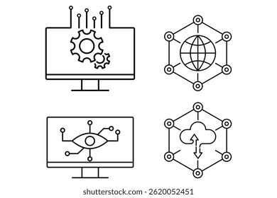 Technology icon set. Artificial intelligence, machine learning, cloud computing, global network, automation, innovation, data visualization concept vector illustration design.
