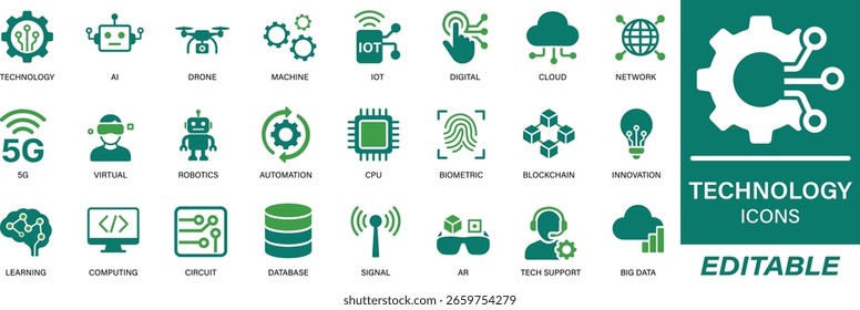 Technology icon set with clean editable style. Includes icons for AI, cloud, digital devices, 5G, IoT, drone, CPU, network, and more. Ideal for tech companies, apps, websites, and presentations.
