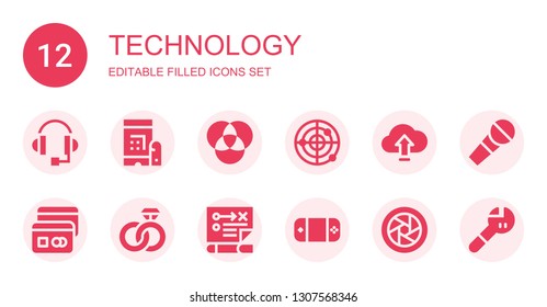 technology icon set. Collection of 12 filled technology icons included Headphone, Password, Cmyk, Radar, Upload, Card, Engagement, Strategy, Gamepad, Diaphragm, Microphone, Wrench