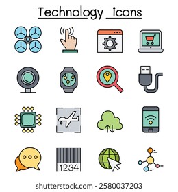 Technology icon set in color line style