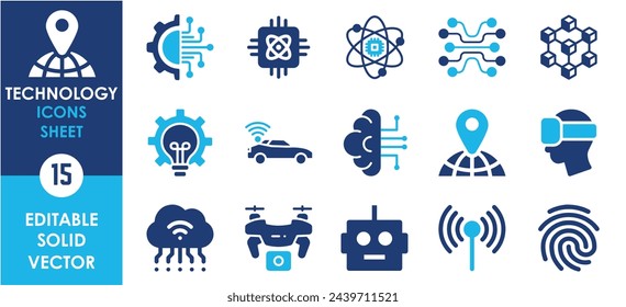 Technology icon set. Containing ai, robotics, IOT, biometric, geolocation and so on. Flat vector icon sets.