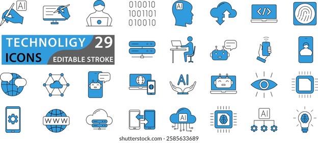 Technology icon set. Containing ai, robotics, biometric, geolocation, cloud computing and automation icon. Set icon collection.