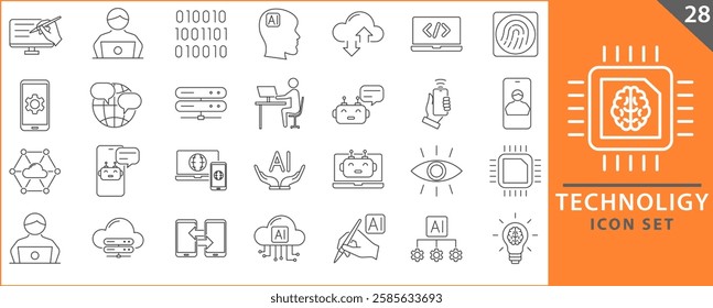 Technology icon set. Containing ai, robotics, biometric, geolocation, cloud computing and automation icon. Set icon collection.