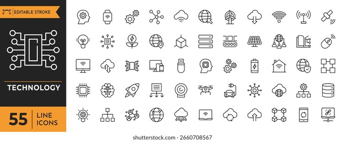 Conjunto de iconos de Tecnología. Contiene fábrica, 5g, ai, robótica, nube, automatización, iot, comunicación, programación y más. Trazo editable. Ilustración vectorial
