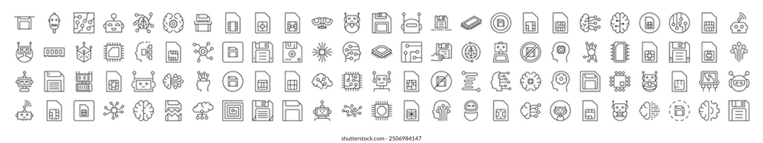 Technology Icon Set. Contains Icons of Brain, Chip, Robot, Artificial Intelligence that Can Be Used for Design of Cards, Posts, Apps, Web Sites 