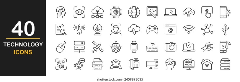 Technology icon set. Contains such icons as ai, robotics, cloud, automation, communication, geolocation, 5G, programming and more. Vector illustration