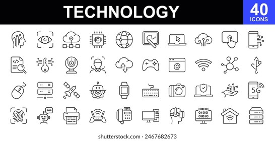 Technology icon set. Contains such icons as ai, robotics, cloud, automation, communication, geolocation, 5G, programming and more. Vector illustration