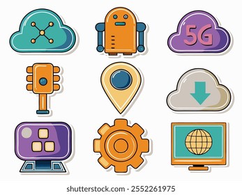 Technology icon set. Contains such icons as Ai, robotics, cloud, automation, communication, geolocation, 5G, programming and more. Vector illustration