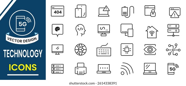 Technology icon set design. Information technology line icon, vector signs for web, logo and mobile app. Communication, web design, computer, chip, software, data center, device. Vector illustration.