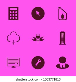 technology icon set with electric plugs, office building and wrench vector illustration