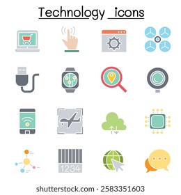 Technology icon set  in flat color style