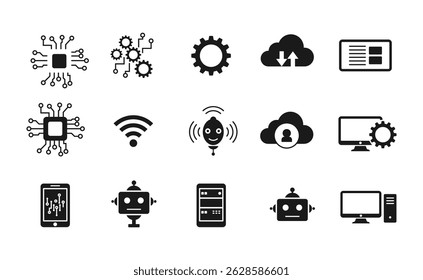 Technologie-Symbolsatz. Zukünftiges Fabrikkonzept. Industrie. Technologischer Fortschritt. AI, Roboter, IoT, Nahfeldkommunikation, Programmierung und mehr.