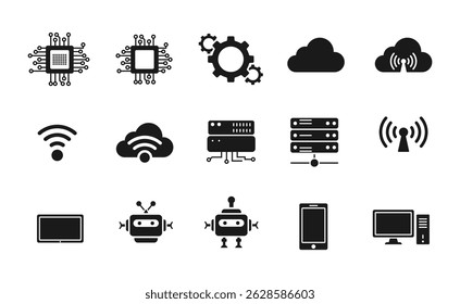 Conjunto de iconos de Tecnología. Futuro concepto de fábrica. Industria. Progreso tecnológico. IA, robots, IoT, comunicación de campo cercano, programación y más.