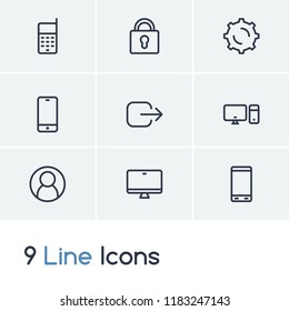 Technology icon set and gear with lock, log out and user. Workstation related technology icon vector for web UI logo design.