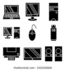 Technology icon set. Include CPU, monitor, flashdisk, printer, speaker and mouse. White background isolated