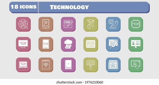 technology icon set. included audiobook, chip, shop, touchscreen, student-desktop, exam, cloud library, online shop, tablet icons on white background. linear, filled styles.