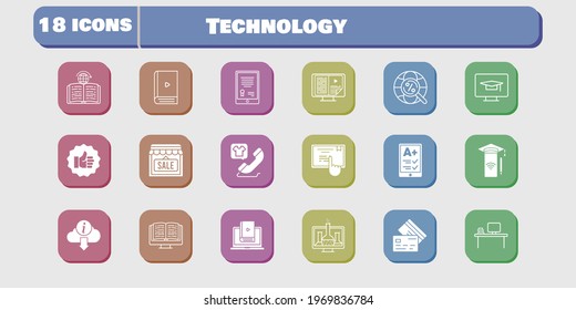 technology icon set. included chemistry, smartphone, shop, learn, like, learning, touchscreen, student-desktop, tablet icons on white background. linear, filled styles.