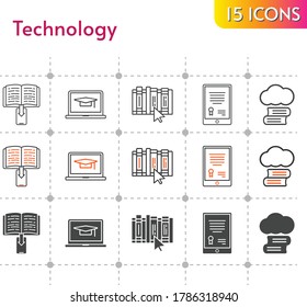 technology icon set. included cloud library, tablet, ebook, book icons on white background. linear, bicolor, filled styles.