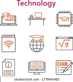 technology icon set. included exam, chip, audiobook, desktop, pdf, ebook, school, maths, training icons. bicolor styles.