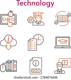 technology icon set. included feedback, laptop, books, teacher, test, student, doc, information icons. bicolor styles.