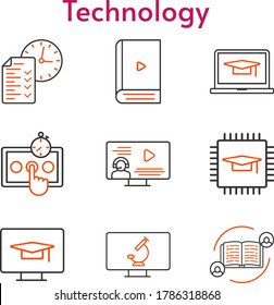 conjunto de iconos de tecnología. incluye comentarios, chip, ebook, test, instructor, íconos del microscopio. estilos bicolores.