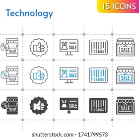 conjunto de iconos de tecnología. incluido tienda online, tienda, como, iconos de código de barras sobre fondo blanco. estilos lineales, bicolores, rellenos.