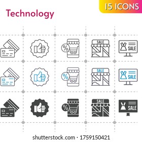 technology icon set. included online shop, shop, like, credit card icons on white background. linear, bicolor, filled styles.