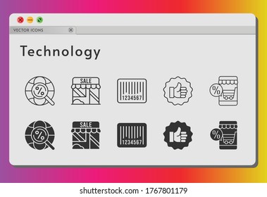 technology icon set. included online shop, shop, like, barcode, internet icons on white background. linear, filled styles.