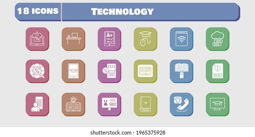 technology icon set. included study, audiobook, learning, student-desktop, cloud library, online shop, ereader, ebook icons on white background. linear, filled styles.