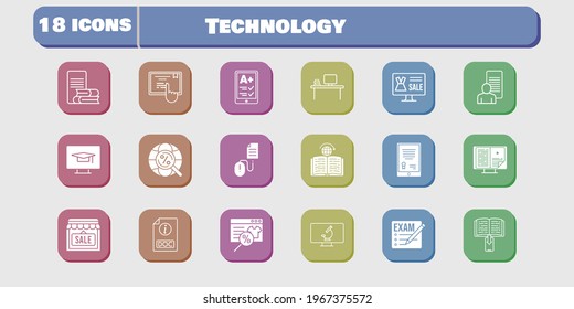 technology icon set. included study, shop, touchscreen, learning, student-desktop, click, microscope, exam, tablet, online shop icons on white background. linear, filled styles.