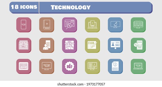 technology icon set. included study, shop, like, learn, student-desktop, microscope, student-smartphone, exam, online shop icons on white background. linear, filled styles.