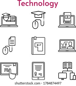 technology icon set. included tablet, professor, learn, e-learning, training, touchscreen, enter, click, school icons. linear styles.