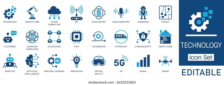 Technology icon set. Includes AI, robotics, cloud, IoT, data center, chip, smart home, 5G, circuit, cybersecurity, and automation icon—flat minimal style.