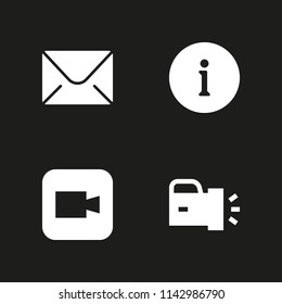 technology icon set. info, video camera and flashlight vector icon for graphic design and web