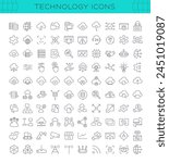 Technology icon set for Information Technology and Computer Software. 100 line icons related to cloud, server, data, iot, ai, cyber security, network. Editable vector stroke. 256x256 Pixel Perfect.