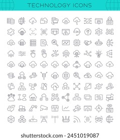 Conjunto de iconos de Tecnología para la Tecnología de información y el software del ordenador. 100 iconos de línea relacionados con la nube, servidor, datos, iot, ai, seguridad cibernética, red. Trazo de Vector editable. 256x256 Píxel Perfecto.