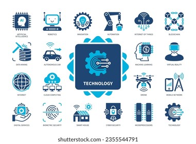 Technology icon set. Innovation, Artificial Intelligence, Data Mining, Robotics, Machine Learning, Internet, Blockchain, Drone. Duotone color solid icons