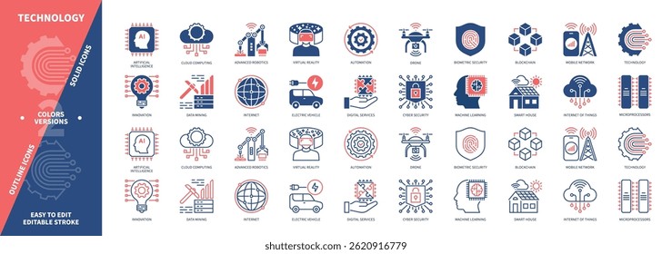 Technology icon set. Innovation, Artificial Intelligence, Data Mining, Advanced Robotics, Automation, Internet, Blockchain, Drone. Duotone color solid and editable outline icons